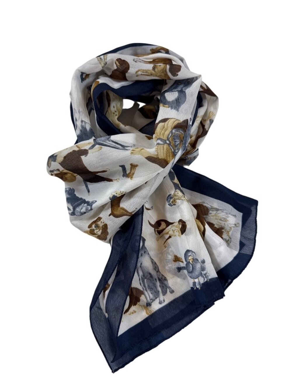 Cejon Dog-Print Sheer Polyester Scarf With Navy Border 13”x57” (CC1083)